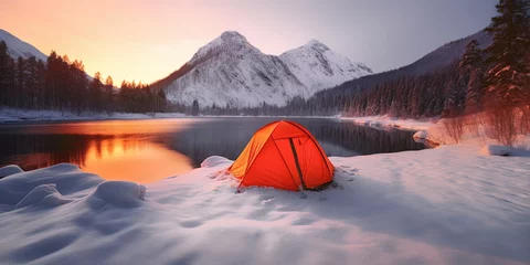 Fototapeten lonely tourist orange tent on a snow near Mountain Lake in the mountains, generative AI © tan4ikk