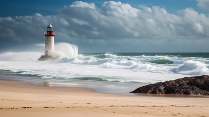 A dreamy lighthouse towering majestically over the beach