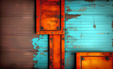 Rectangular patches of rusty metal panels on a weathered surface with peeling turquoise color paint