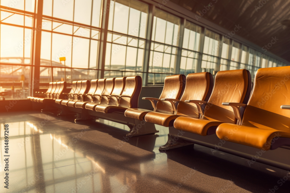 Poster a quiet and empty airport waiting area with rows of chairs and no passengers in sight, a rare scene 