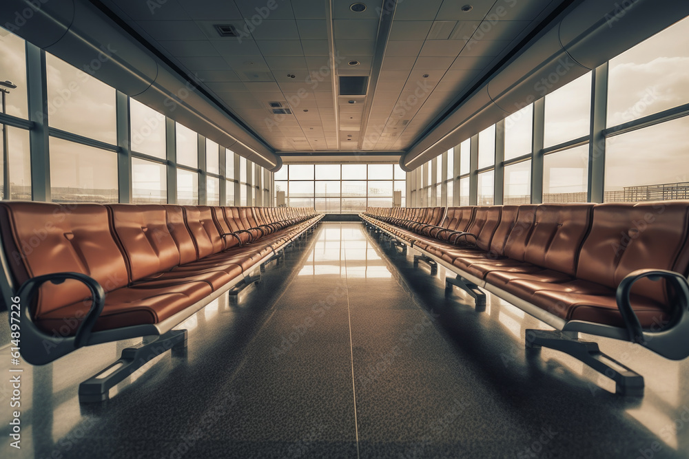 Poster a quiet and empty airport waiting area with rows of chairs and no passengers in sight, a rare scene 
