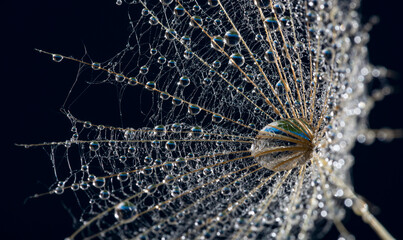 flower fluff , dandelion seed with dew dops - beautiful macro photography with abstract bokeh background