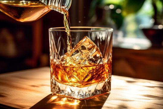 A sophisticated image capturing the art of pouring whiskey over a glass of ice,a classic ritual celebrated by connoisseurs worldwide. Generative AI Technology.