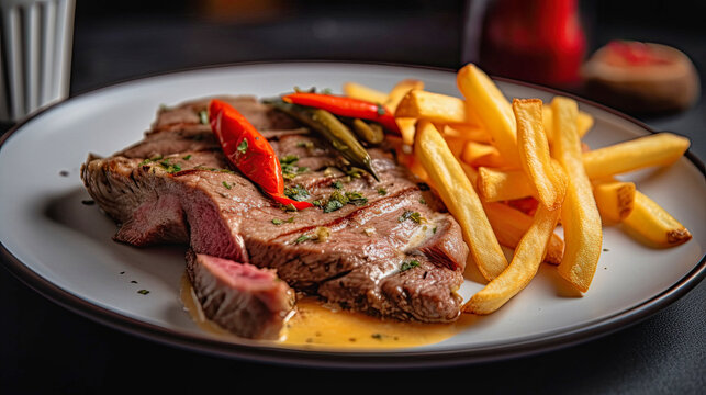A beautiful veal entrecote on a white plate accompanied by french fries and fried peppers. Copy space. Generative IA. (1)