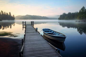 Fototapeta na wymiar Wooden boat gently bobbing on a still lake, tied securely to a wooden dock. The morning light illuminates the scene, casting a warm glow over the peaceful waters. Generative AI Technology.