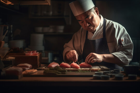 A Japanese chef expertly prepares fresh sushi using traditional techniques and ingredients, showcasing their skill, precision, and attention to detail. Generative AI Technology.