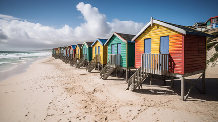Obraz premium A beach section with a row of colorful beach huts along the coastline
