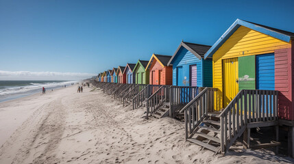 A beach section with a row of colorful beach huts along the coastline