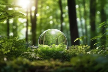 Close - up photo of a glass globe nestled in a lush green forest. Generative AI