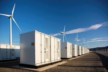 Rows of wind turbines and solar energy storage facility in the background. Generative AI