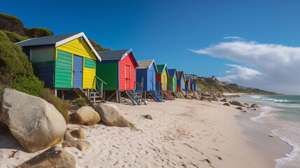 Fototapeta na wymiar A beach section with a row of colorful beach huts along the coastline