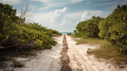 A palm-lined beach pathway leading to a distant horizon