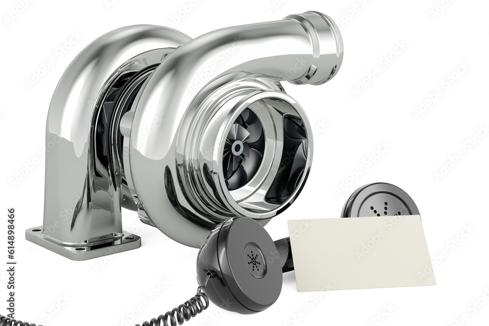 Aufkleber turbocharger with blank business card and retro phone receiver. 3d rendering