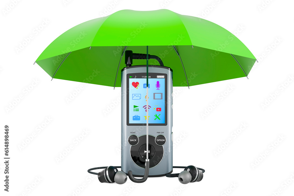Poster digital audio player under umbrella, 3d rendering