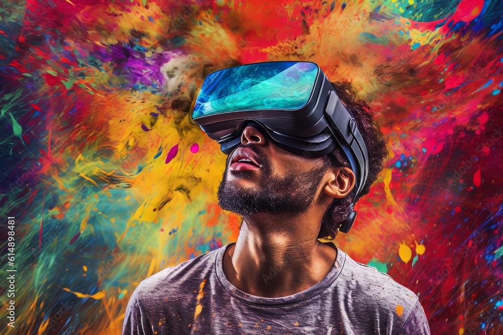 Poster man with beard face in virtual reality glasses isolated on neon background ai