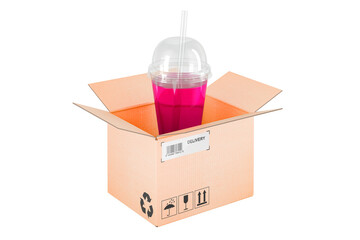 Plastic transparent disposable cup drink inside cardboard box, delivery concept, 3D rendering