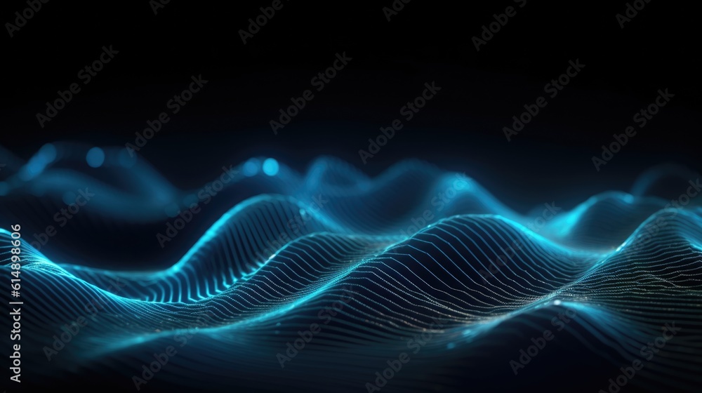 Poster 3d render of a modern background with a blue flowing particles wave design.generative ai aig21.