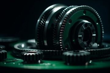 Fototapeta na wymiar Close up of metal object with gears on side, green background, black stripe. Generative AI