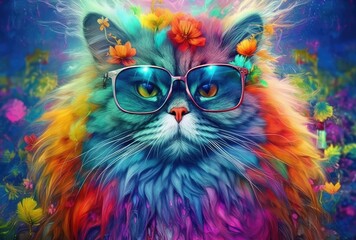Persian cat with a pair of stylish glasses. The bright and vivid palette adds a sense of playfulness to the artwork, and the cat's confident posture and the whimsical glasses convey a sense of charm. - obrazy, fototapety, plakaty