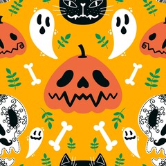 Halloween pumpkins seamless ghost and bones and cat pattern for wrapping paper and linens and fabrics
