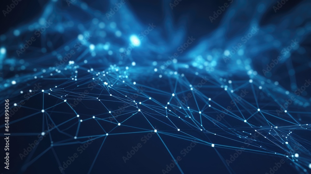 Poster blue abstract background with a network grid and particles connected. generative ai aig21.