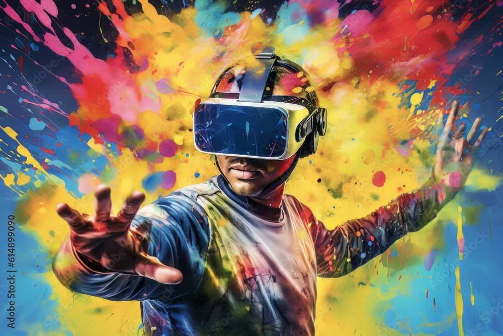 Poster man with beard face in virtual reality glasses isolated on neon background ai