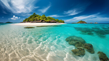 Fototapeta premium An idyllic tropical island with white sand, surrounded by azure blue water