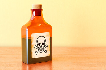 Poison bottle on the wooden table. 3D rendering