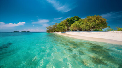 Fototapeta premium An idyllic tropical island with white sand, surrounded by azure blue water