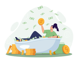 Money bath concept. Woman lies with gold coin in hand. financial literacy and passive income. Poster or banner for website. Successful Entrepreneur os businesswoman. Cartoon flat vector illustration - obrazy, fototapety, plakaty