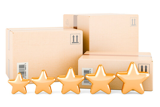 Three parcels with five golden stars. 3D rendering