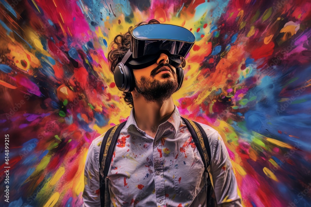 Poster man with beard face in virtual reality glasses isolated on neon background ai