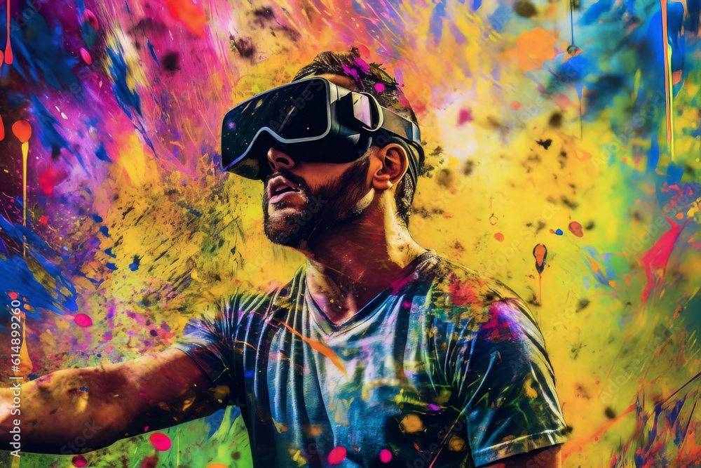 Poster man with beard face in virtual reality glasses isolated on neon background ai