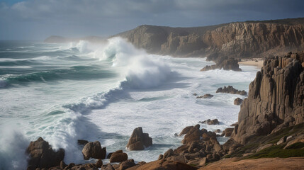 Fototapeta premium A view of an impressive cliff landscape at the beach, with towering rocks and crashing waves