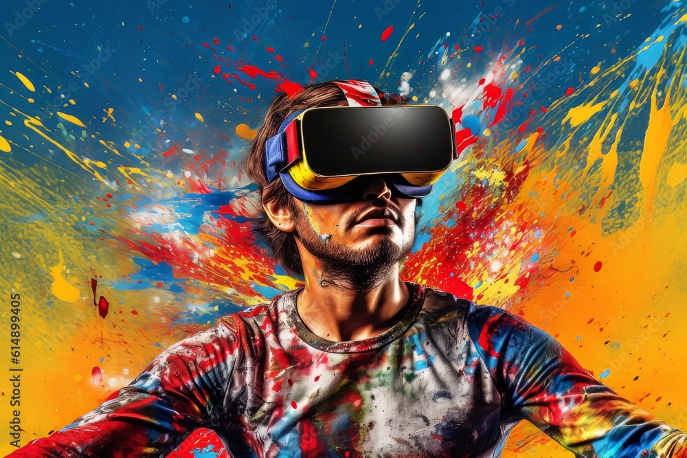Poster man with beard face in virtual reality glasses isolated on neon background ai