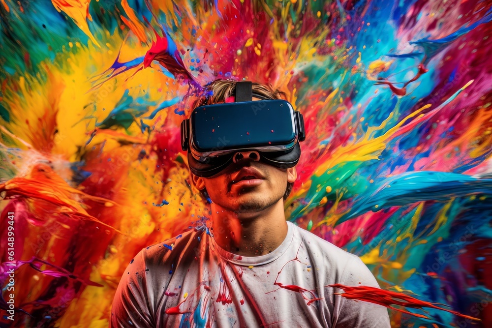 Poster man with beard face in virtual reality glasses isolated on neon background ai