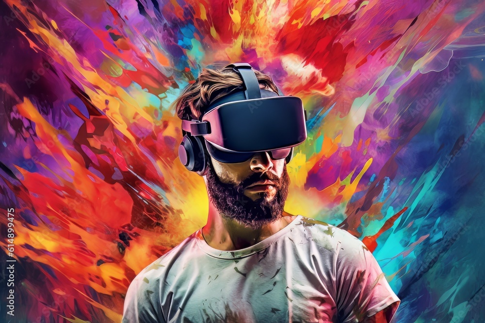 Poster man with beard face in virtual reality glasses isolated on neon background ai