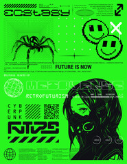 Acid poster in futuristic style with anime girl in cyberpunk style. Retrofuturistic card, poster, print for typography, merch, street wear, t-shirt. Futuristic acid graphic, y2k, cyberpunk. Vector