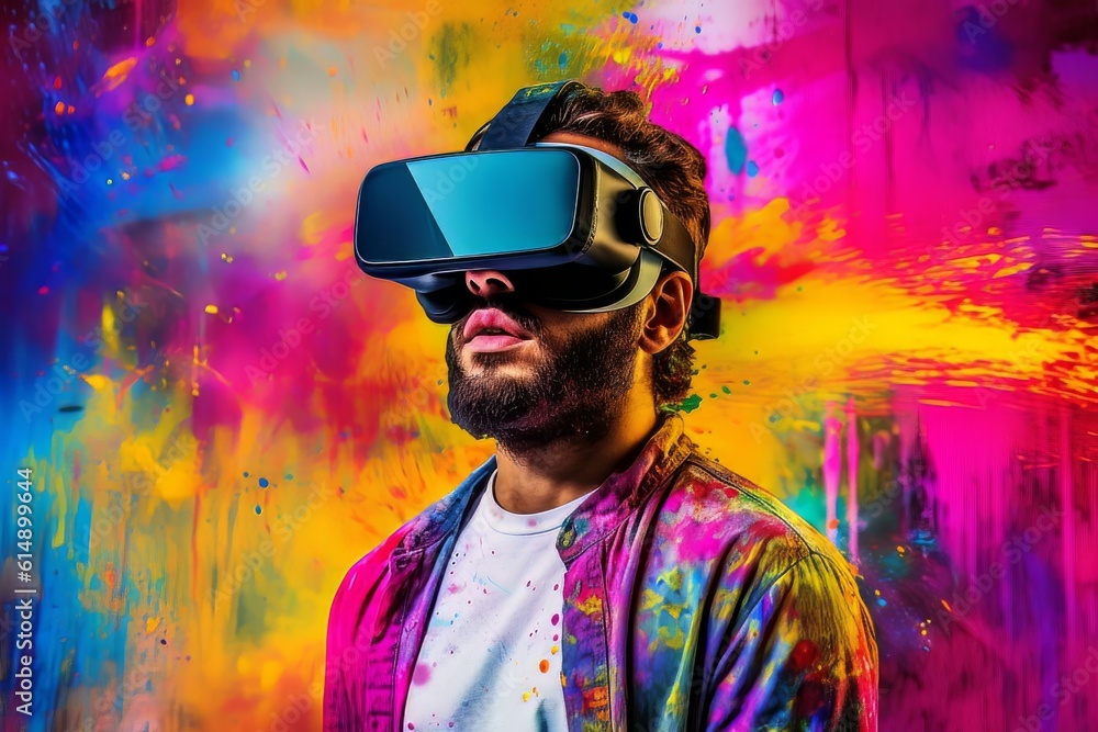 Poster man with beard face in virtual reality glasses isolated on neon background ai