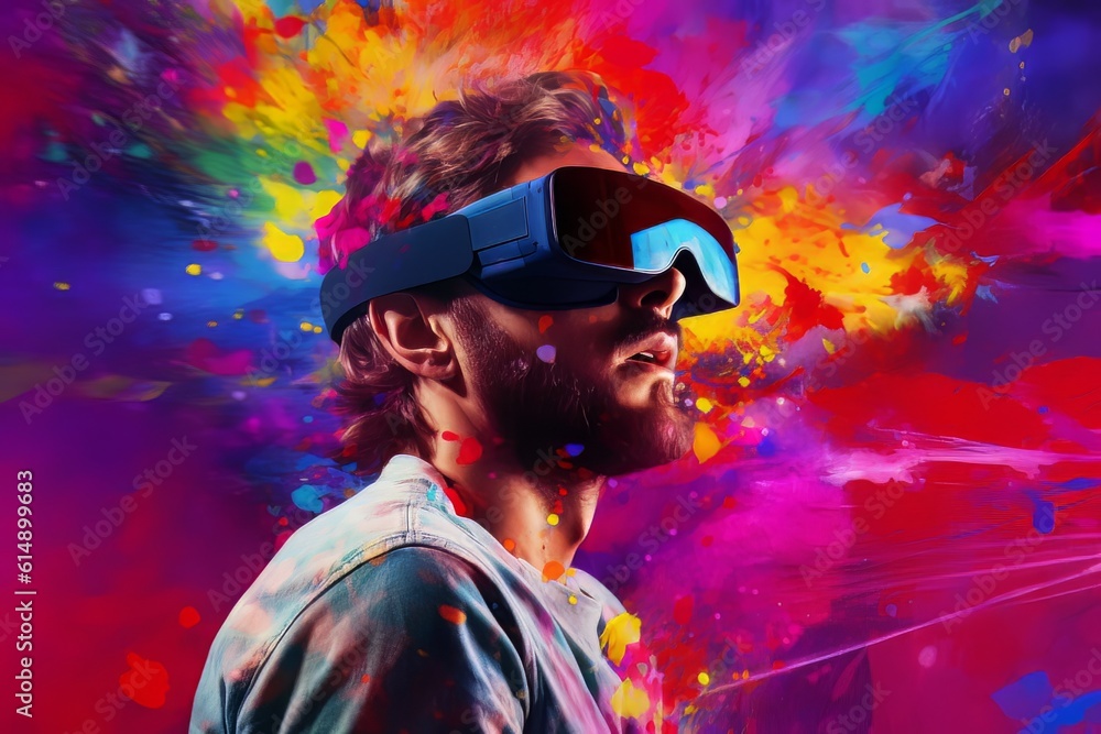 Poster man with beard face in virtual reality glasses isolated on neon background ai
