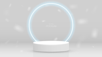 An empty white podium on a gray background with a bright shiny neon round frame. A platform with a shadow in the room.