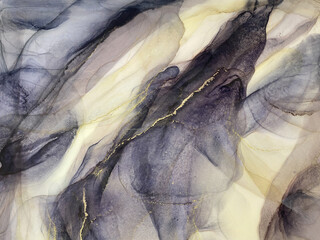 Abstract marble fluid art with gold — purple fluid background. Beautiful smudges and stains made...