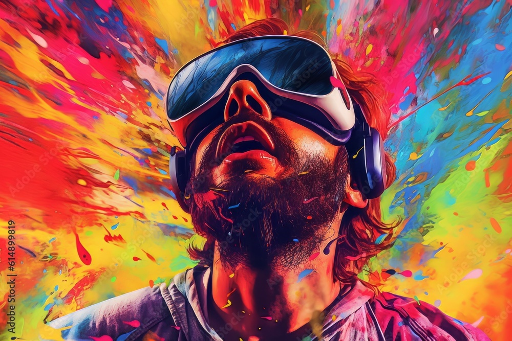 Poster man with beard face in virtual reality glasses isolated on neon background ai