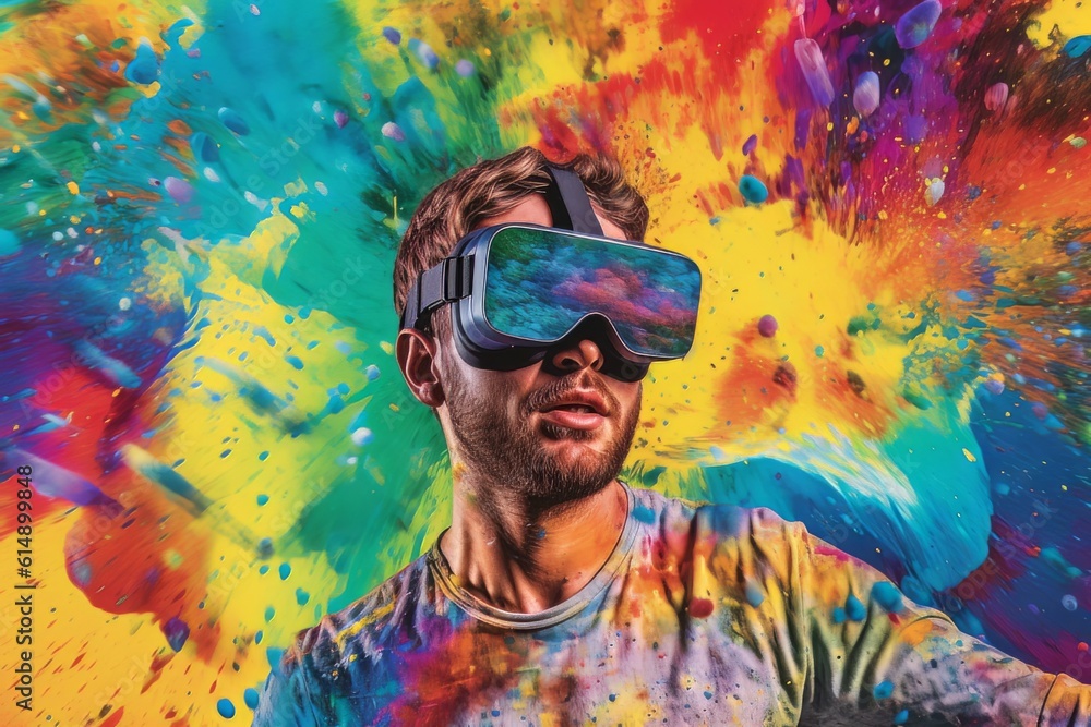 Poster man with beard face in virtual reality glasses isolated on neon background ai