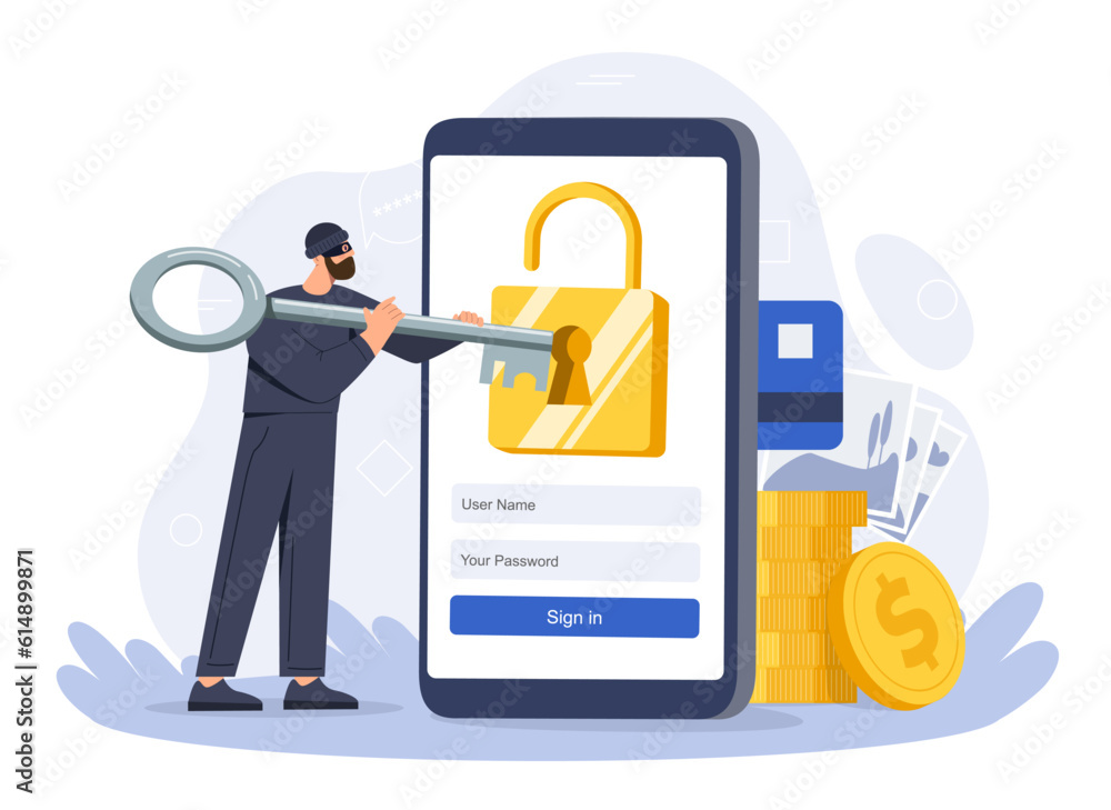 Poster cyber crime concept. man with big key near smartphone. gadgets and devices. internet security and ac