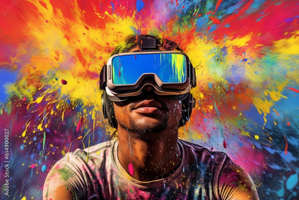 Poster man with beard face in virtual reality glasses isolated on neon background ai