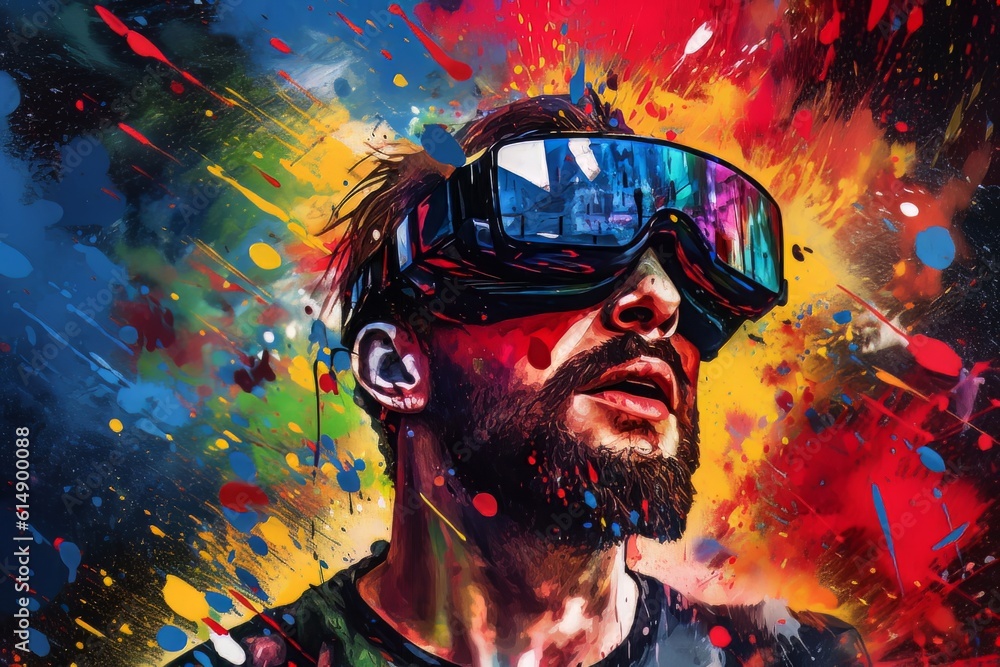 Poster man with beard face in virtual reality glasses isolated on neon background ai