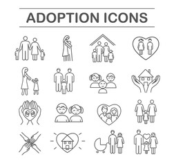 Black adoption icons set. Collection of graphic elements for website. Fertility issues, lesbians and gays. Charity and kindness. Cartoon flat vector illustrations isolated on white background