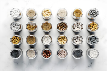 Obraz na płótnie Canvas top view of small glass jars with probes of spices and medicinal plants on a white background, generative ai
