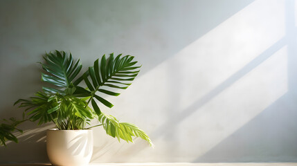 exotic plant and monstera in a pot on a uniform plain background with large space for text, botanical background with copy space horizontal, generative ai